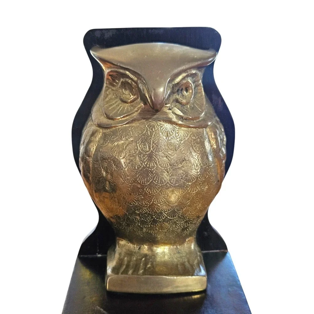 Vintage 50s Mid-Century Modern Solid Brass Owls Figurine Bookend Engraved Patina